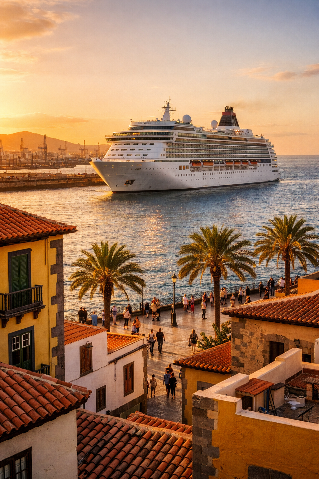 Cruise ship arriving at Las Palmas port seen from colonial waterfront at sunset